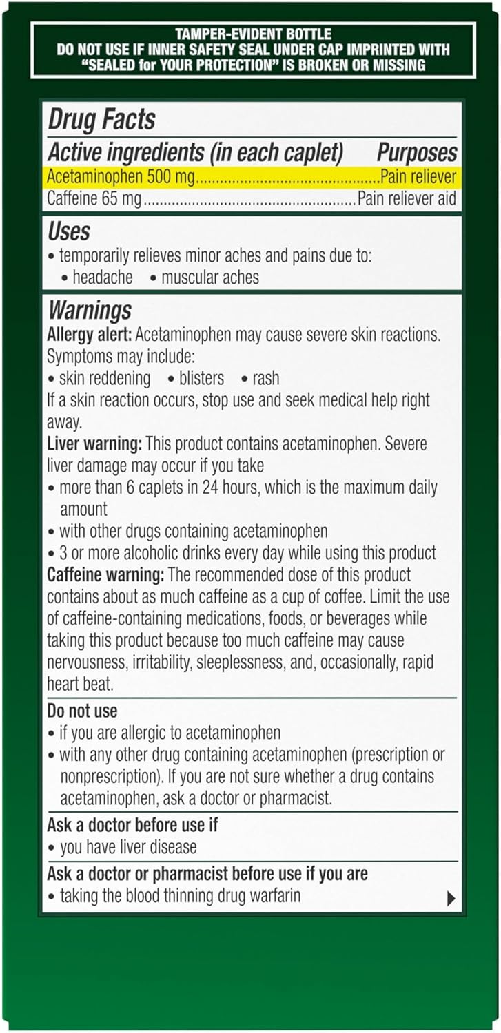 엑세드린 텐션 헤드에이크 두통 진통제 아세트아미노펜 500mg + 카페인 65mg 100정 | Excedrin Tension Headache