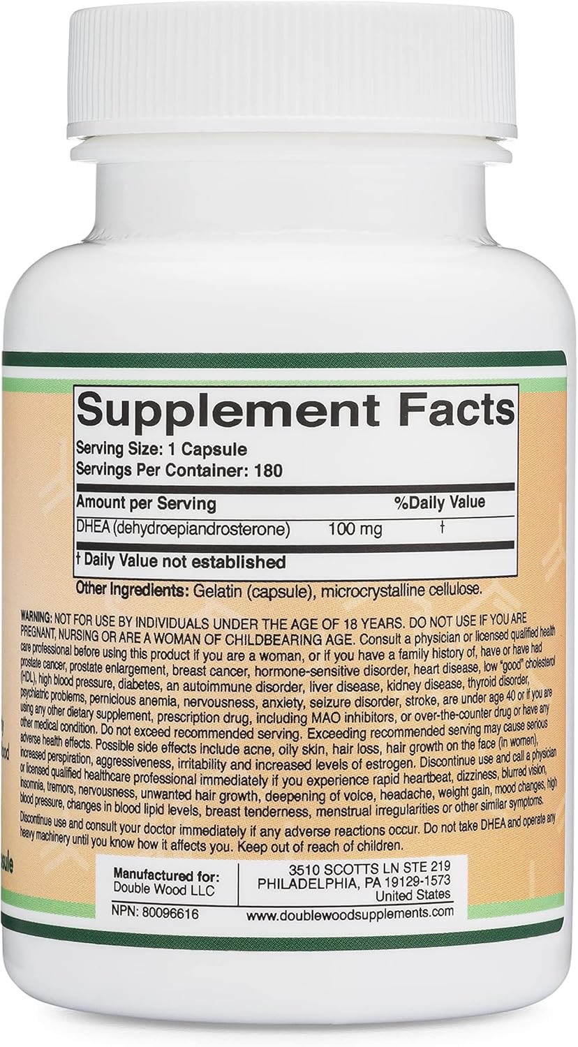 더블우드 DHEA 100mg, 180캡슐 – 고함량 6개월 분량 · 호르몬 밸런스 · 건강한 에이징 지원