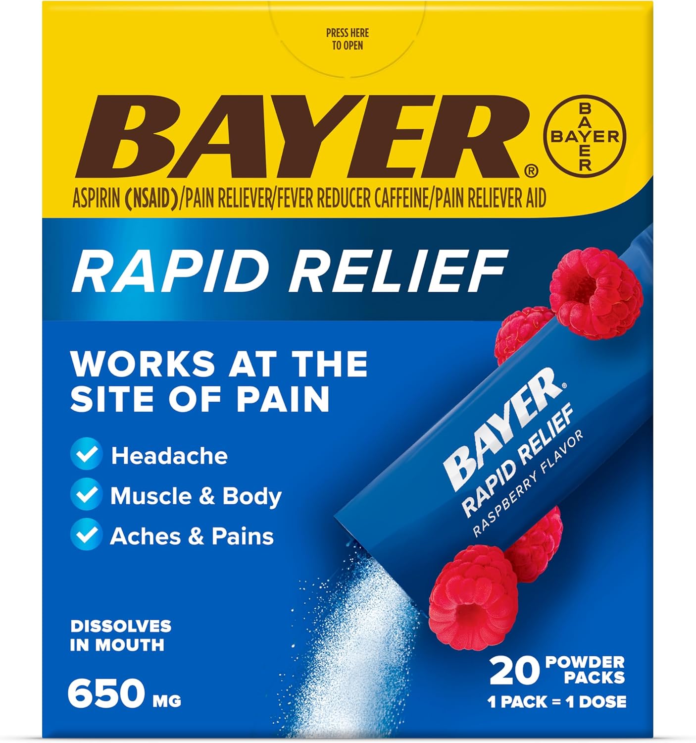 바이엘 래피드 릴리프 진통 파우더 20포 – 아스피린 650mg + 카페인 65mg · 두통 · 근육통 · 허리통증 완화