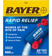 바이엘 래피드 릴리프 진통 파우더 20포 – 아스피린 650mg + 카페인 65mg · 두통 · 근육통 · 허리통증 완화