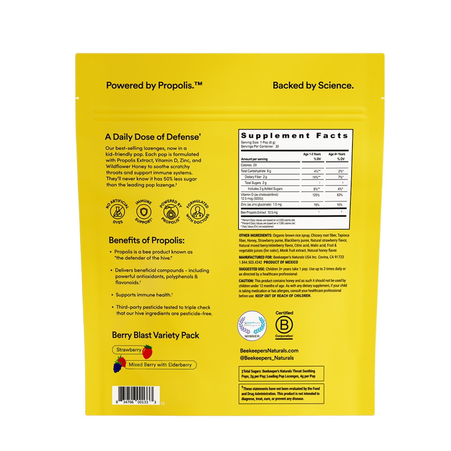 비키퍼스 내추럴 키즈 프로폴리스 목 스로팅 팝, 30개 — 어린이 목 진정·면역력 지원