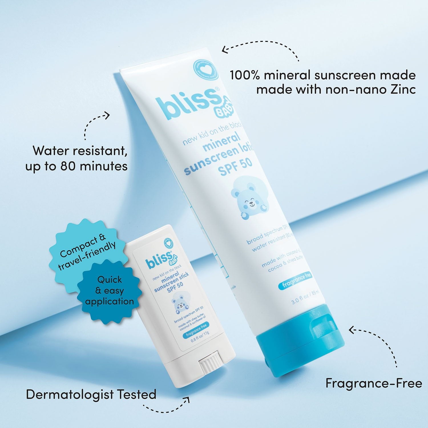 블리스(Bliss) 베이비 미네랄 선스크린 SPF 50 로션 & 스틱 세트 — 무기자차 자외선 차단