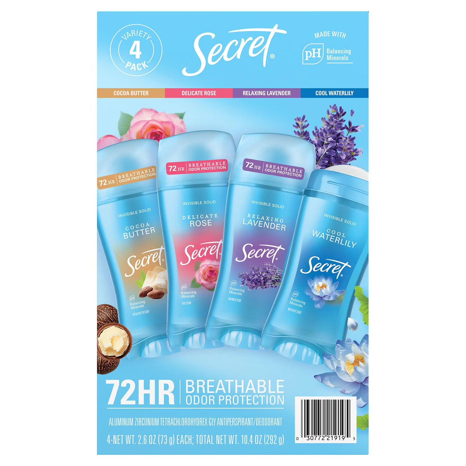 시크릿 프레시 인비저블 솔리드 안티퍼스피런트 데오드란트 버라이어티 팩 2.6 oz., 4 pk. – 여러 향을 함께 구성한 솔리드 타입으로 옷에 자국 걱정 없이 데일리로 깔끔하게 사용하기 좋습니다