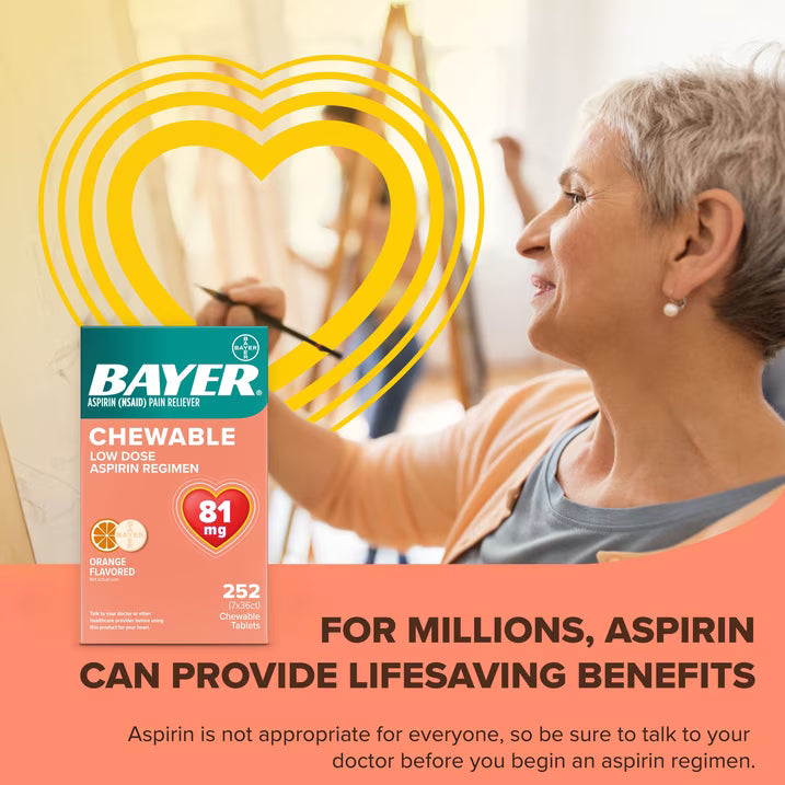 미국 바이엘 아스피린 81mg 252정 츄어블 오렌지맛 저용량 진통제 통증완화 Bayer Aspirin