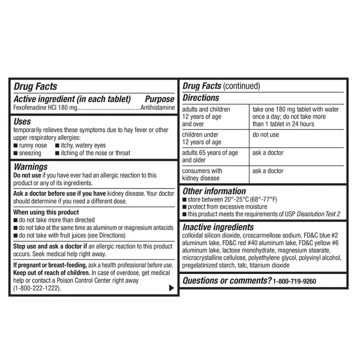 커클랜드 알러-펙스 항히스타민 180mg 180정 — 24시간 알레르기 증상 완화