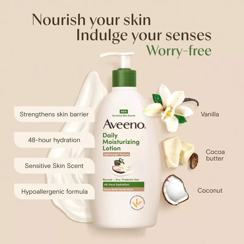 Aveeno Daily Moisturizing Lotion with Soothing Prebiotic Oat for Sensitive Skin -Hypoallergenic- Cocoa Butter Vanilla Scent - 18 fl oz