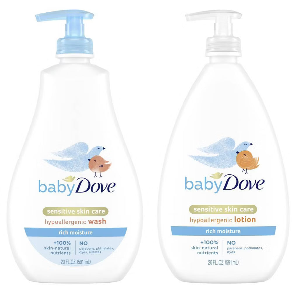 베이비 도브 리치 모이스처 센서티브 스킨 로션 20fl oz + 베이비 워시 & 샴푸 20fl oz 세트
