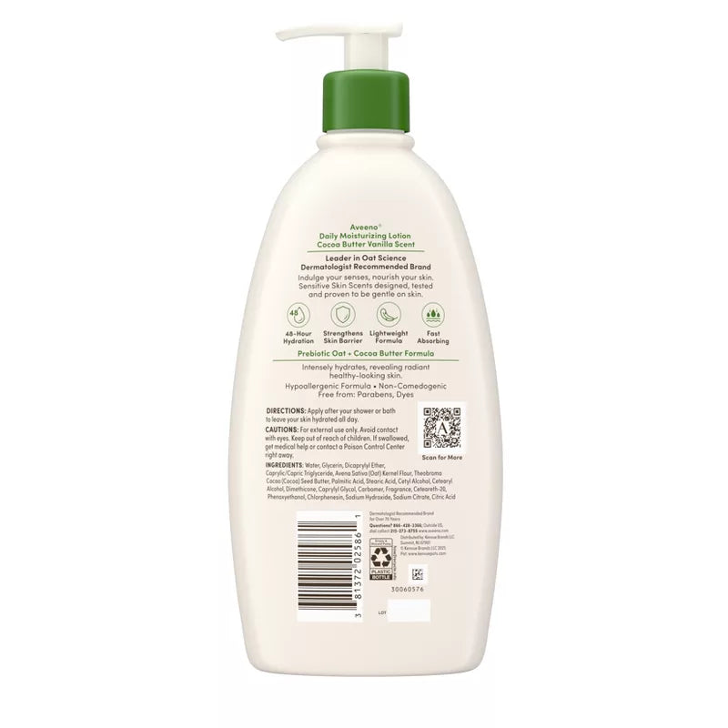 Aveeno Daily Moisturizing Lotion with Soothing Prebiotic Oat for Sensitive Skin -Hypoallergenic- Cocoa Butter Vanilla Scent - 18 fl oz