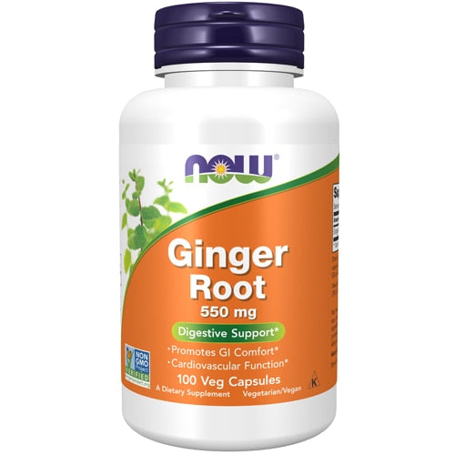 나우 진저 루트(생강) 550mg – 100 베지 캡슐 – 소화가 더디거나 메스꺼움·복부 불편을 느끼는 경우 섭취되며, 생강 성분으로 위장 활동과 혈액순환