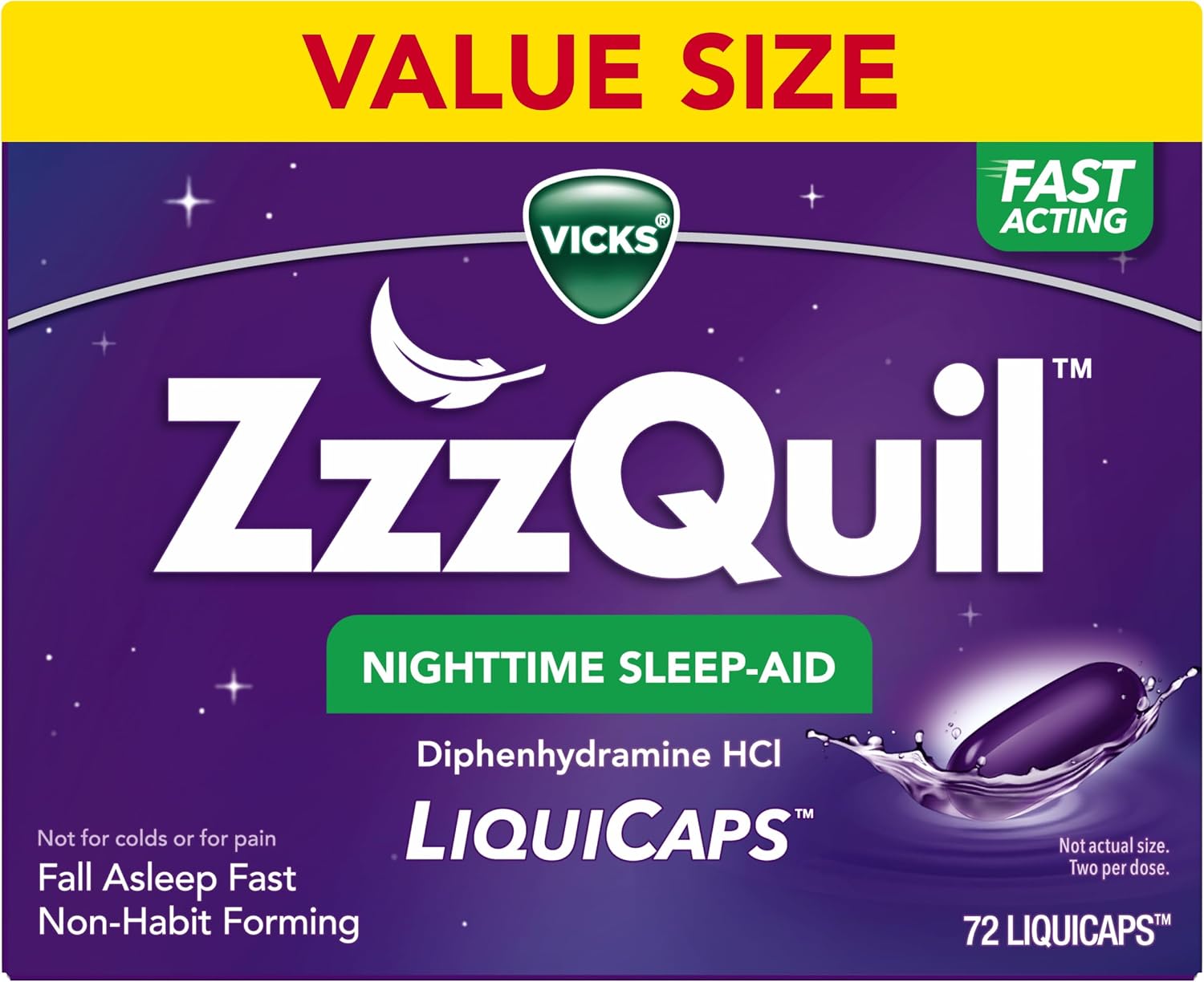 ZzzQuil 지퀼 디펜히드라민 25mg 나이트타임 수면유도 리퀴캡 72캡슐 제품 이미지