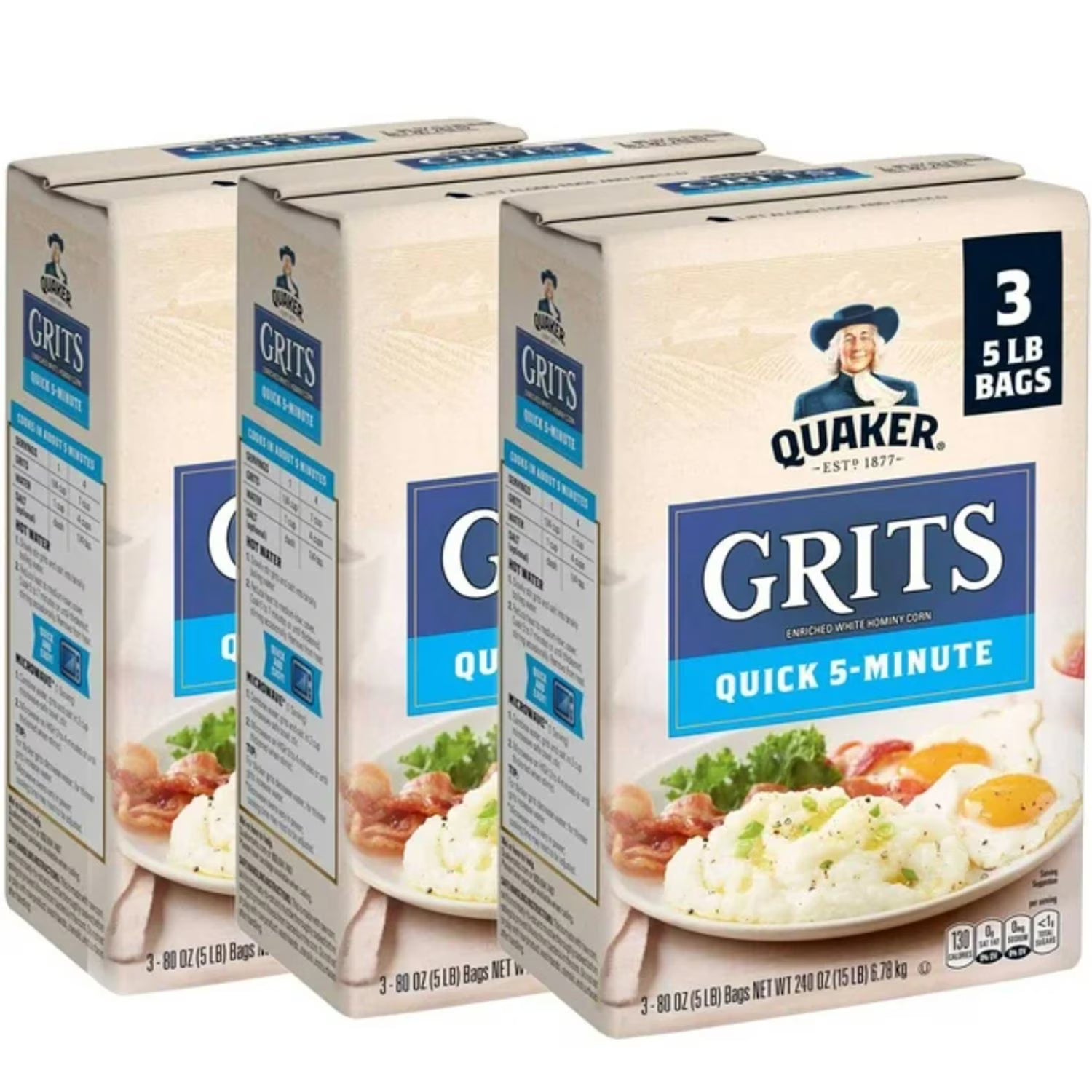 퀘이커 퀵 5분 그리츠 5lb × 3팩 – 옥수수를 곱게 갈아 빠르게 조리해 부드럽게 즐기는 클래식 그리츠