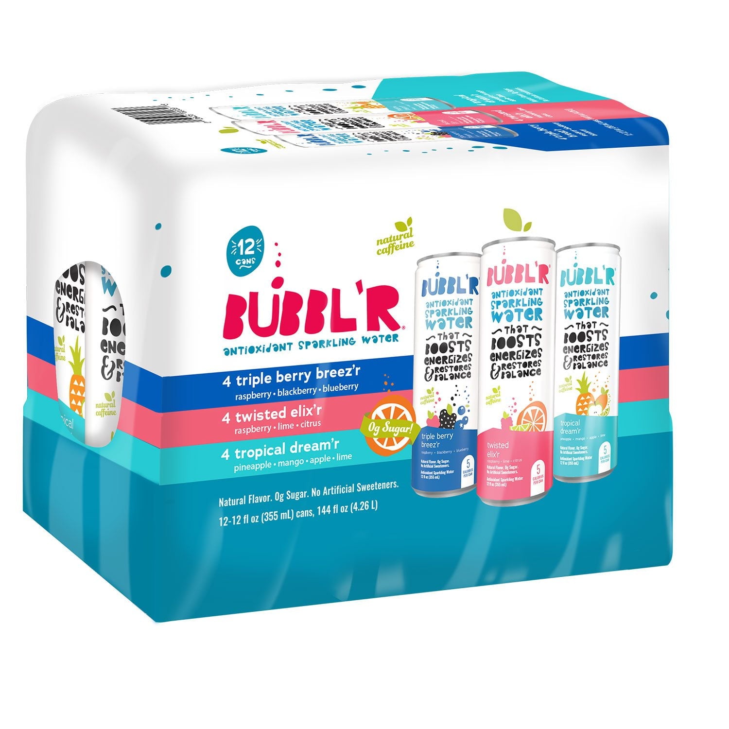 버블러 스파클링 워터 버라이어티 팩 12 fl. oz × 12 – 상큼한 과일향의 무설탕 탄산수
