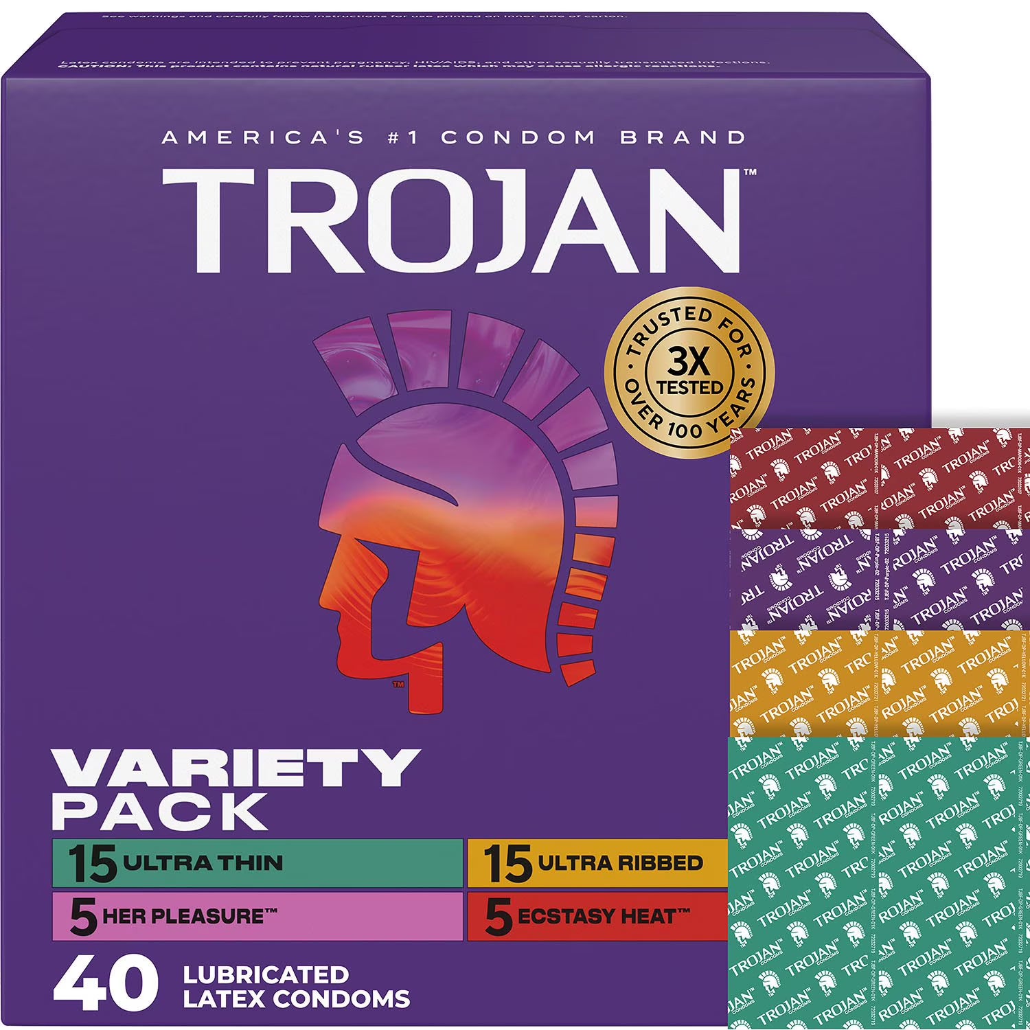 트로잔 Trojan 버라이어티 팩 윤활 라텍스 콘돔 40개입 Ultra Thin Ultra Ribbed Her Pleasure Double Ecstasy