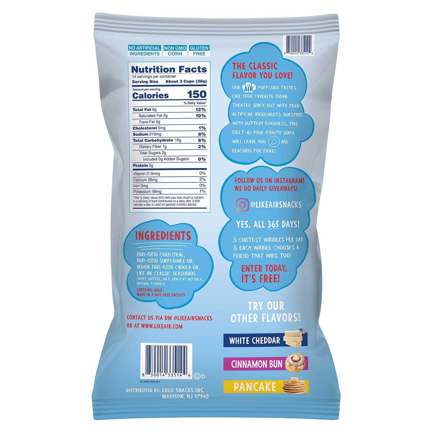 라이크 에어 클래식 퍼프콘 – 가볍고 바삭한 팝콘 스낵, 14oz