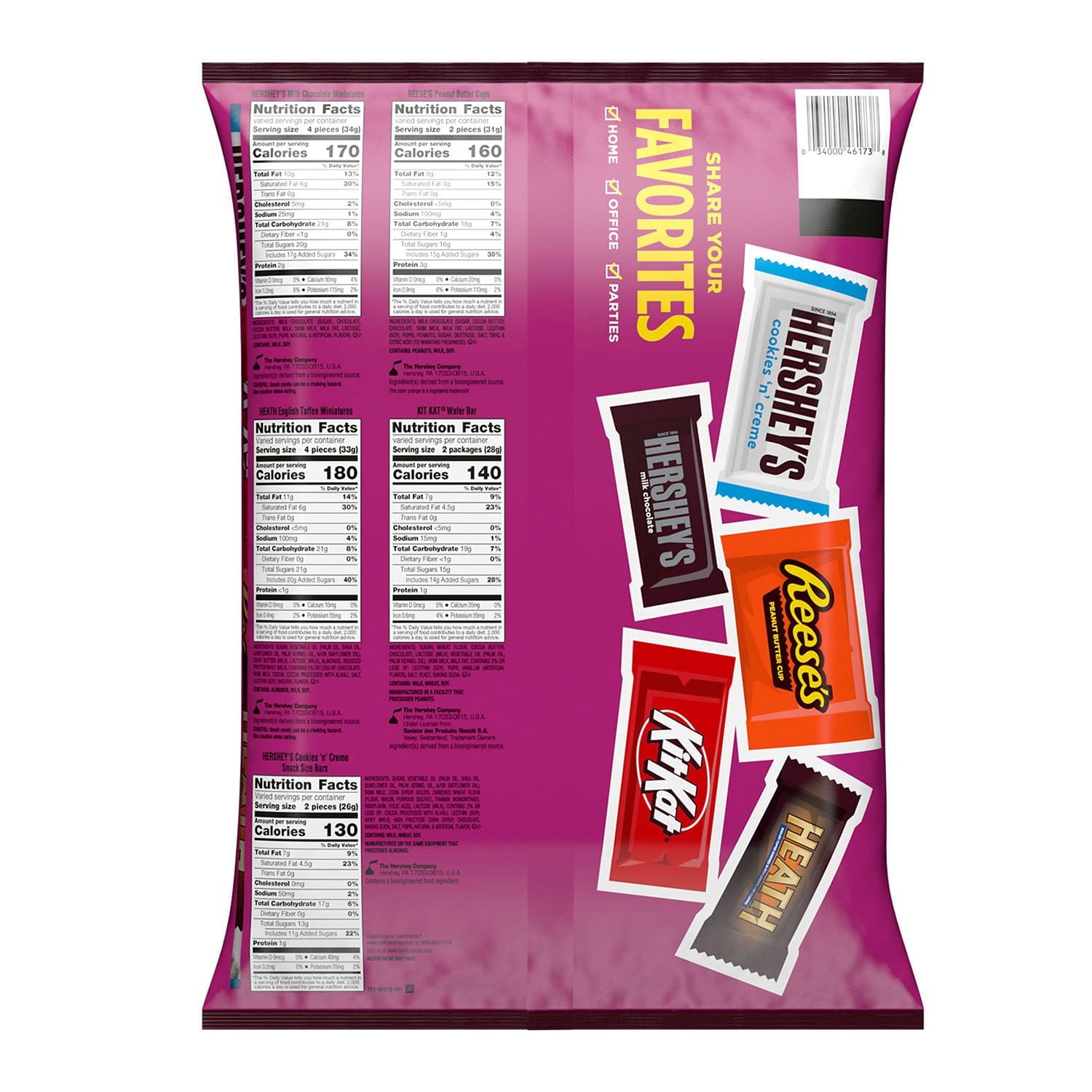 허쉬(HERSHEY'S) 어소티드 초콜릿 팩토리 페이버릿 스낵사이즈 155개 — 인기 스낵 초콜릿 모음