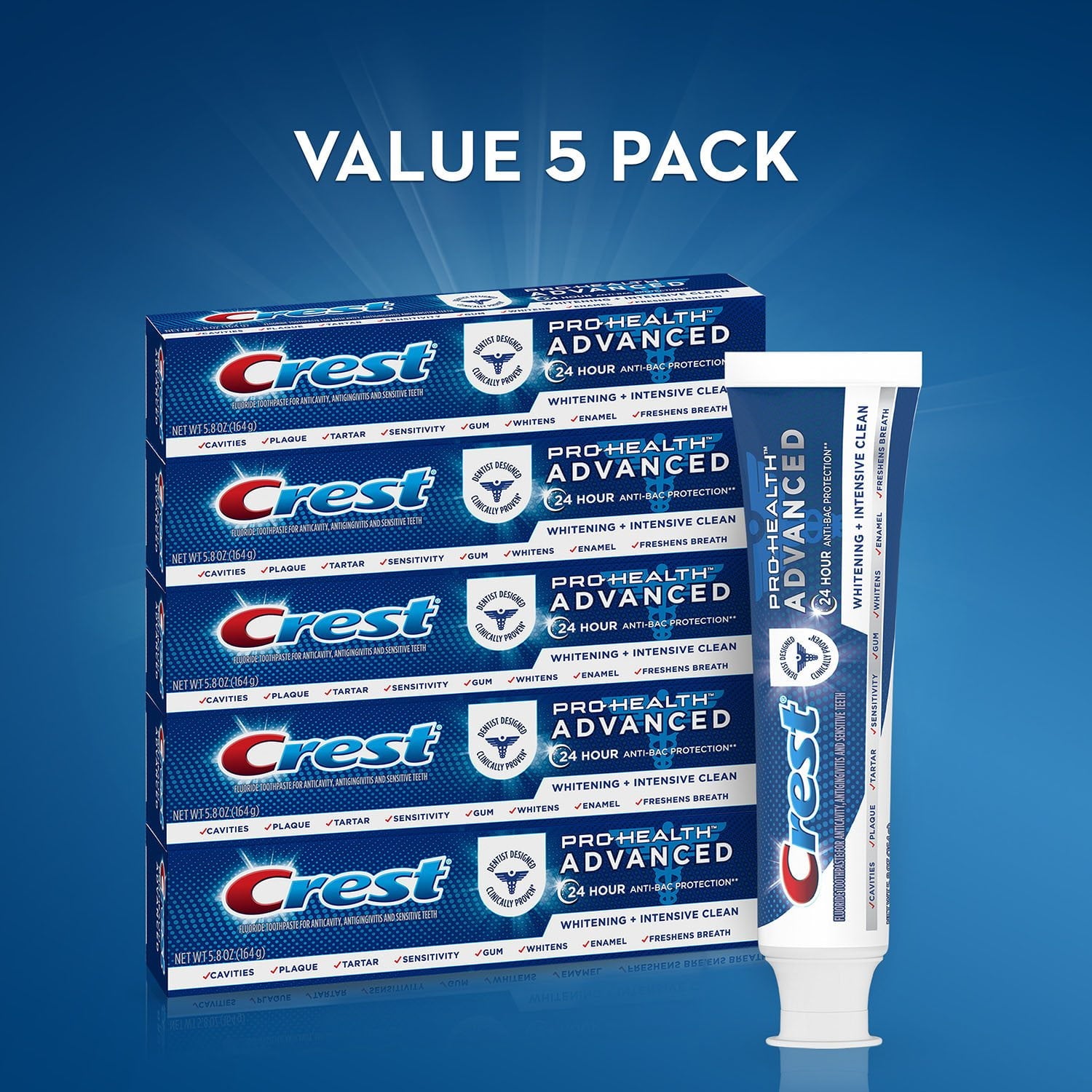 크레스트 프로헬스 화이트닝 + 인텐시브 클린 치약 5.8 oz × 5 pk