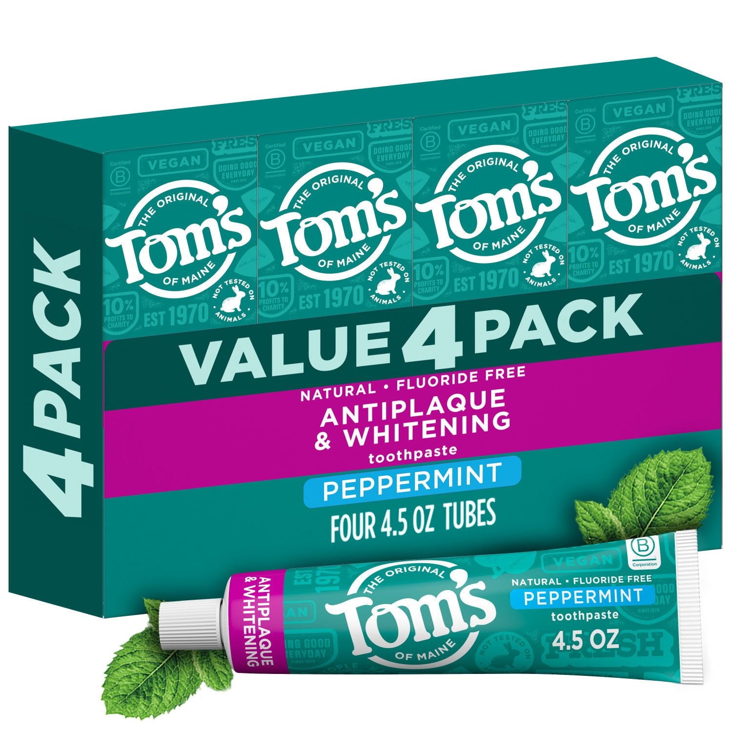 톰스 오브 메인 불소 무첨가 안티플라그 & 화이트닝 치약 4.5 oz × 4 pk – 천연 성분·플라그 제거·미백