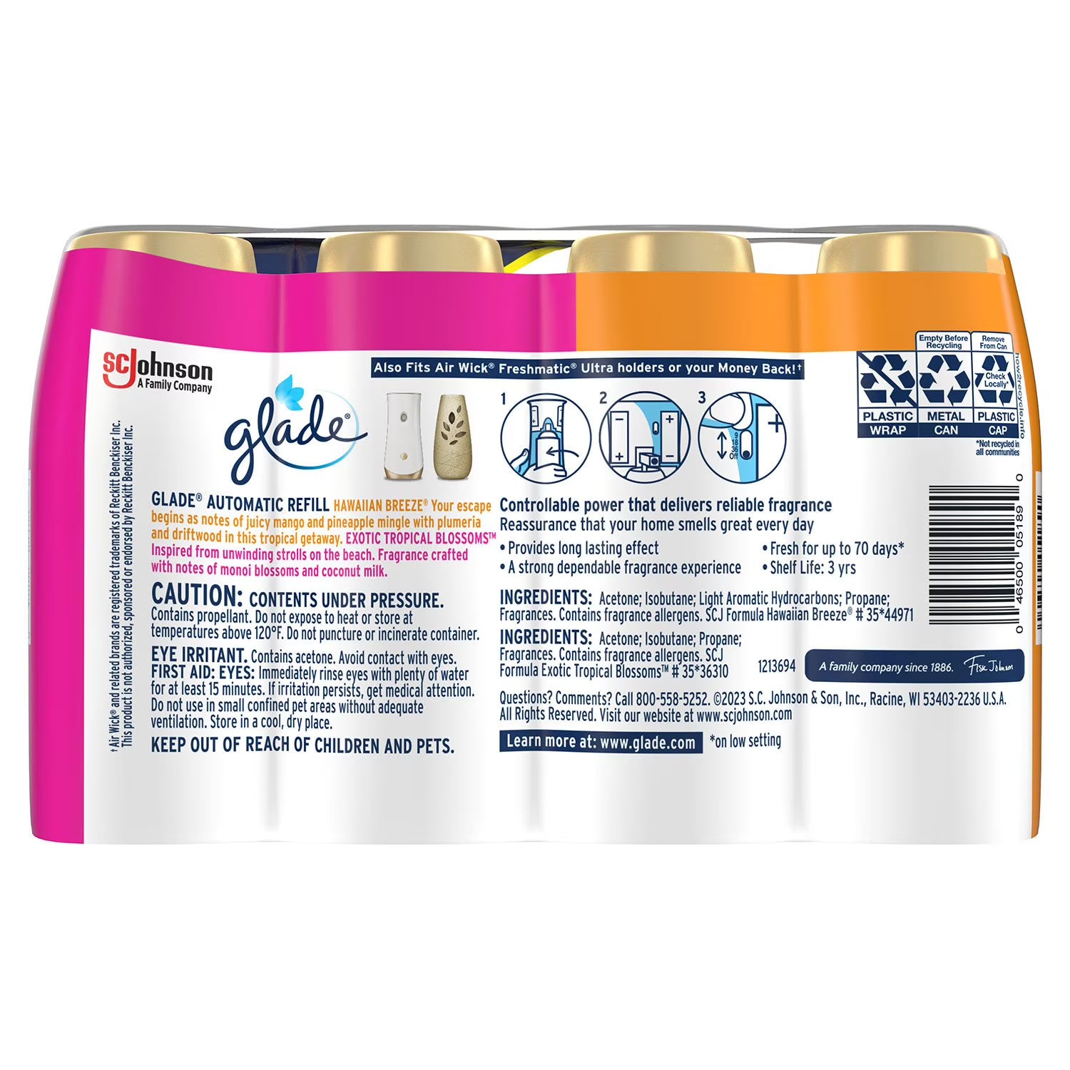 글레이드 자동 분사 방향제 리필 하와이안 브리즈 & 엑조틱 트로피컬 블로섬 4 ct – 자동 분사로 지속적인 향기와 실내 공기 상쾌 유지