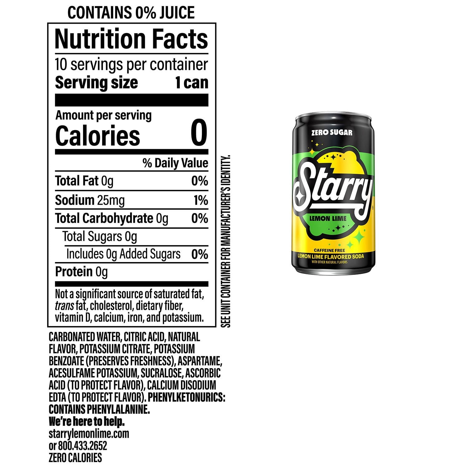 스타리 제로 슈거 레몬 라임 소다 미니캔, 7.5fl oz, 30팩