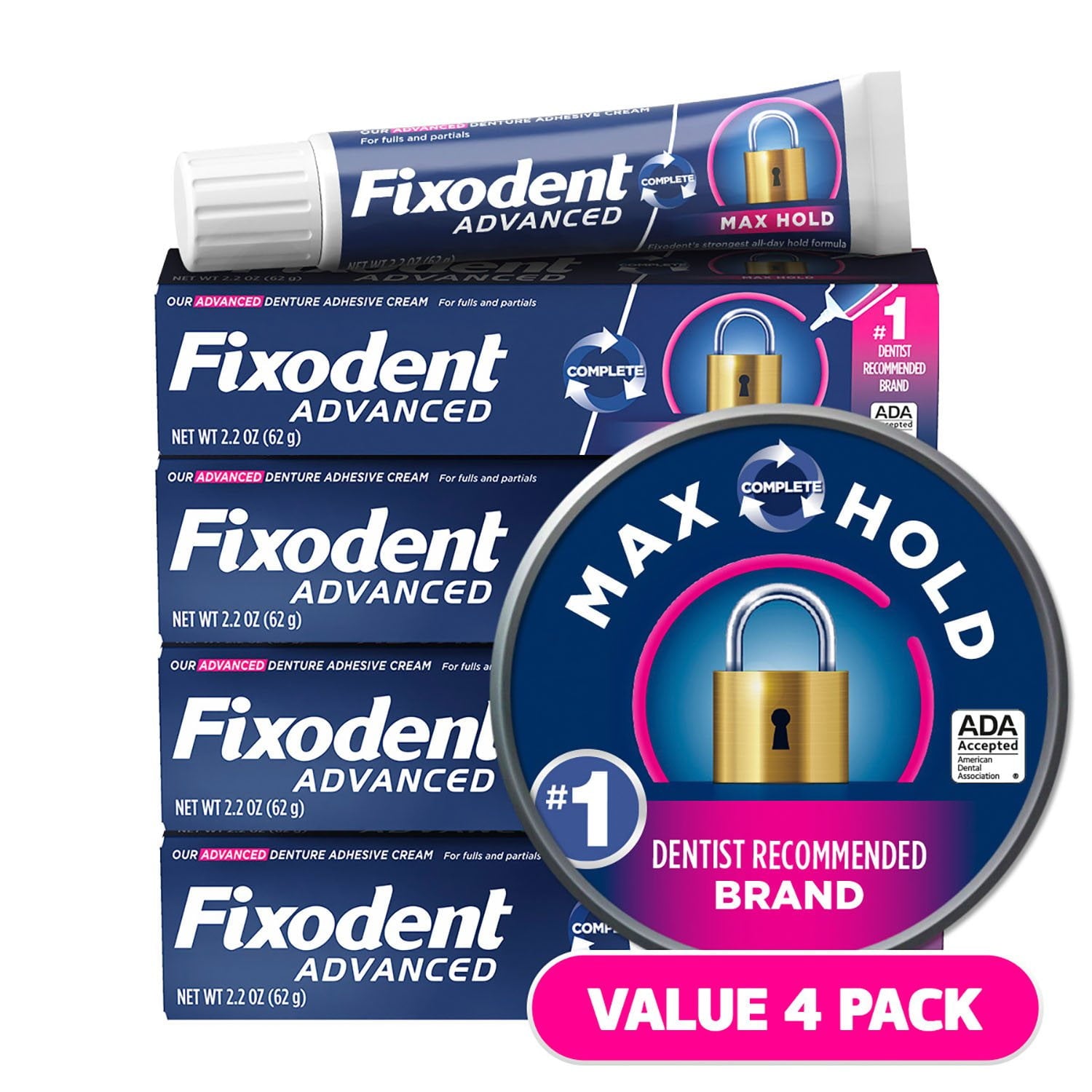 픽소덴트 어드밴스드 틀니 접착제 맥스 홀드 2.2 oz × 4 pk – 강력 고정력·하루 종일 유지