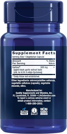 라이프익스텐션 숙성 흑마늘 500mg 30 베지캡슐 뒷면 원료 및 섭취량 라벨