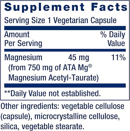 라이프익스텐션 캄마그 30 베지캡슐 마그네슘 45mg 및 ATA Mg 원료 750mg 성분표