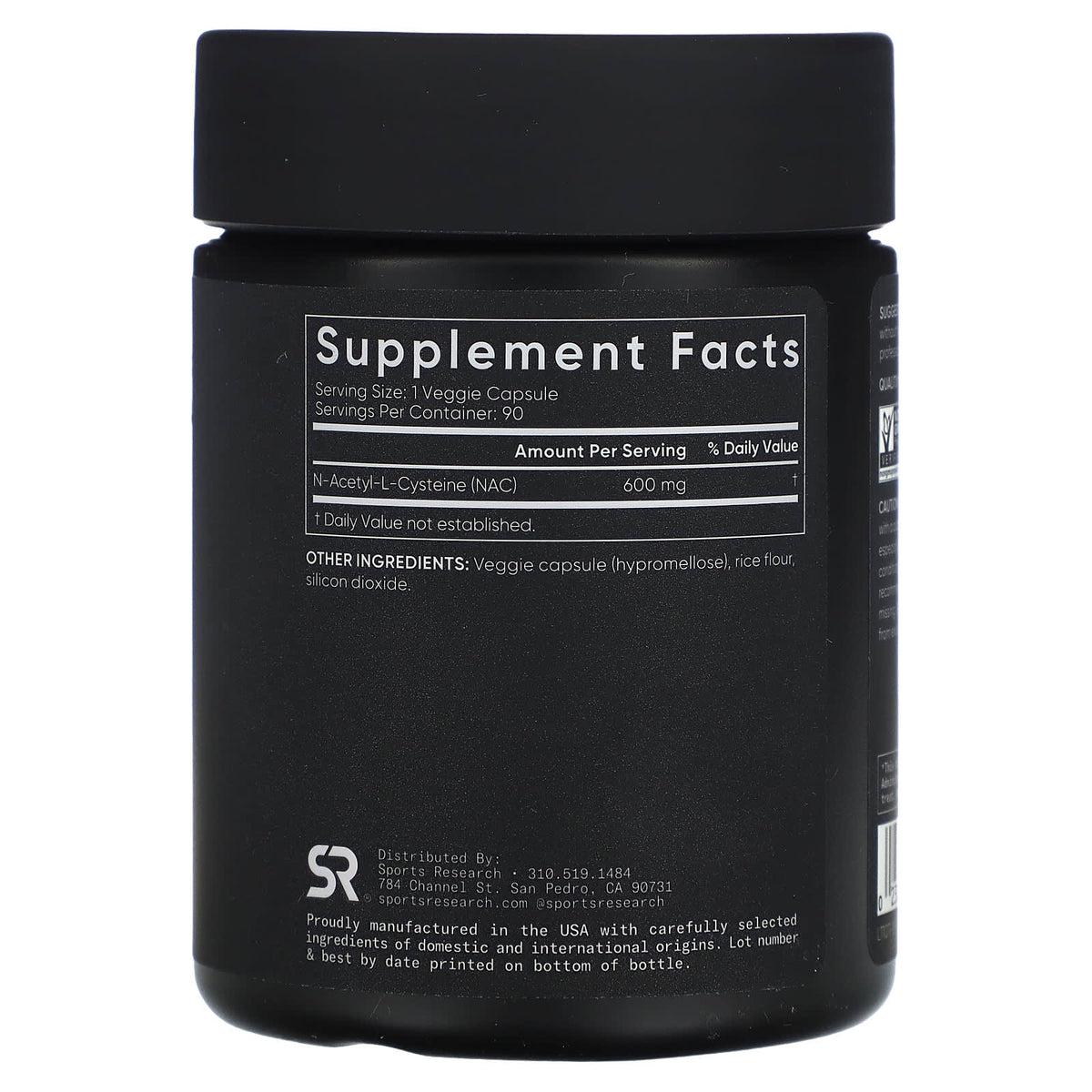 스포츠리서치 NAC 600mg 베지 캡슐 90정 제품 뒷면 성분 및 라벨 안내