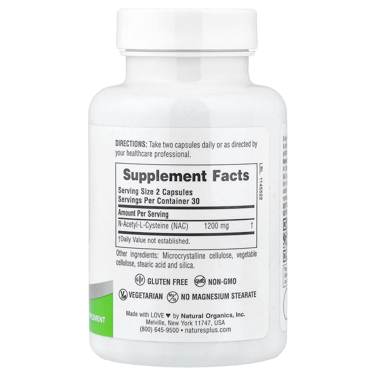 네이처스플러스 프로 NAC 1200 캡슐 60정 – 1캡슐 600mg 60캡슐 제품 뒷면 성분 및 라벨 안내